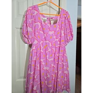 Mittoshop Wom Pink/Lavender Floral Lined Pleated SunDress Size L Cottagecor VTG